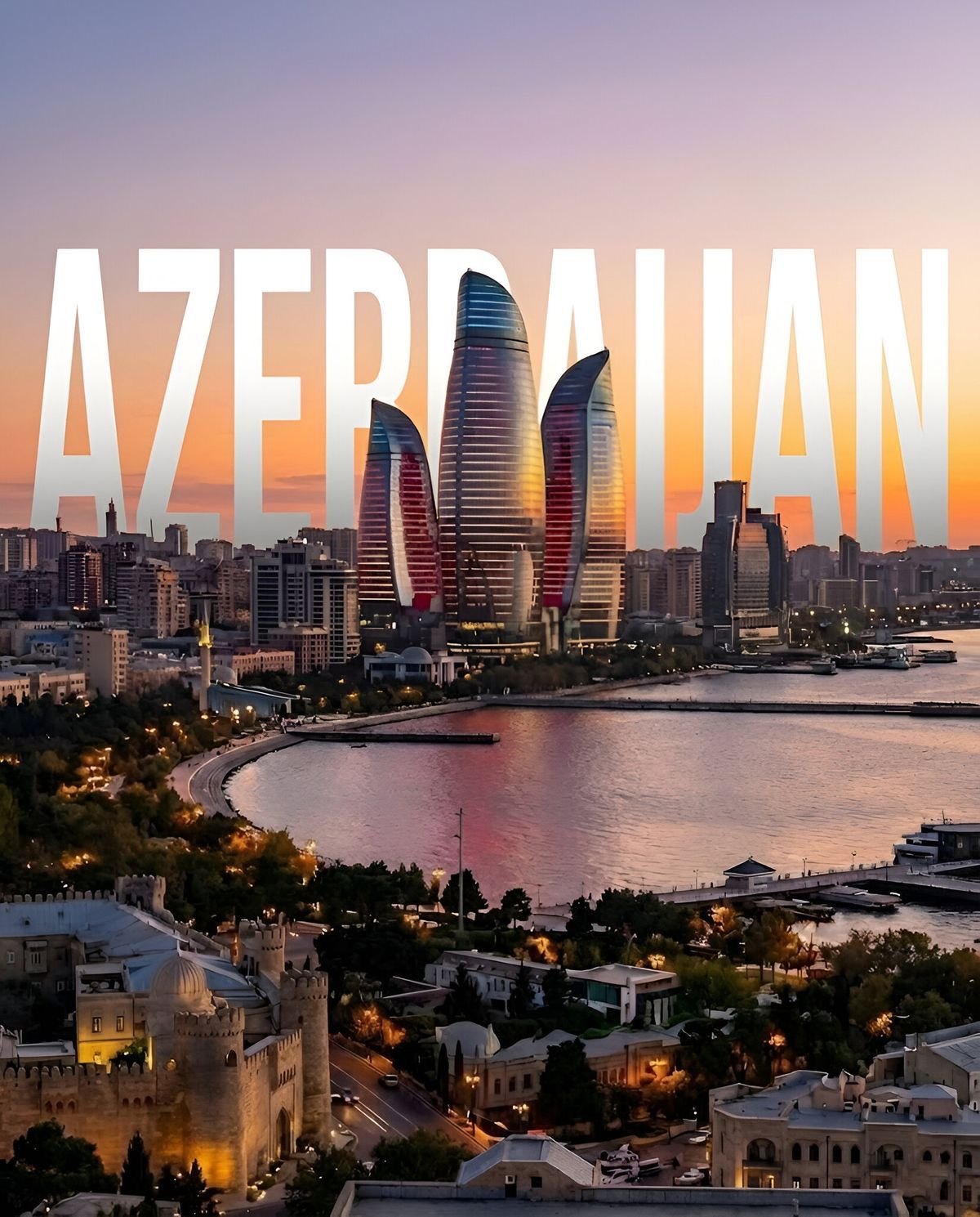 Baku, Azerbaijan skyline at sunset